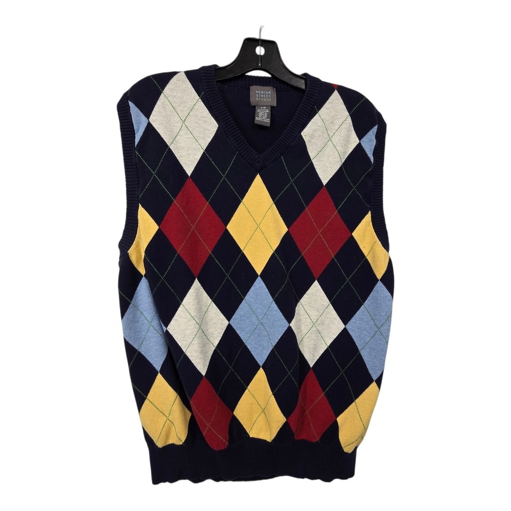 Vintage 90s Y2K Argyle Sweater Vest Mens‎ Large Navy Red Yellow Preppy Academia